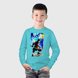 Лонгслив хлопковый детский Ninja - hieroglyphs - watercolor, цвет: бирюзовый — фото 2