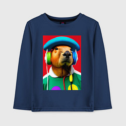 Лонгслив хлопковый детский Капибара в наушниках и шляпе - нейросеть, цвет: тёмно-синий