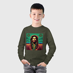 Лонгслив хлопковый детский Digital Art Bob Marley in the field, цвет: меланж-хаки — фото 2