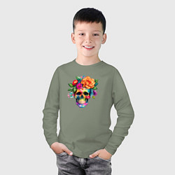 Лонгслив хлопковый детский Череп с цветами в мексиканском стиле, цвет: авокадо — фото 2