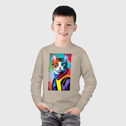 Лонгслив хлопковый детский Котик с разными по цвету глазами - поп-арт, цвет: миндальный — фото 2