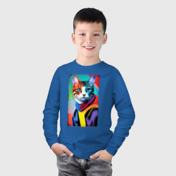 Лонгслив хлопковый детский Котик с разными по цвету глазами - поп-арт, цвет: синий — фото 2