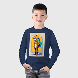 Лонгслив хлопковый детский Fox cub - urban style - neural network, цвет: тёмно-синий — фото 2