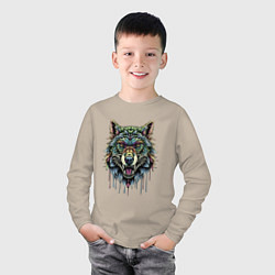 Лонгслив хлопковый детский Разноцветная голова волка, цвет: миндальный — фото 2