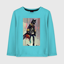 Лонгслив хлопковый детский Чёрная кисуля - городская модница - живопись, цвет: бирюзовый