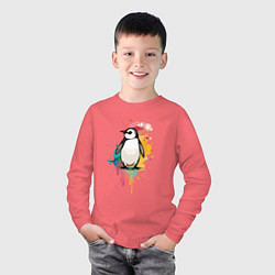 Лонгслив хлопковый детский Красочный пингвин, цвет: коралловый — фото 2