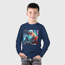 Лонгслив хлопковый детский Стильный Санта-клаус в стиле киберпанк, цвет: тёмно-синий — фото 2