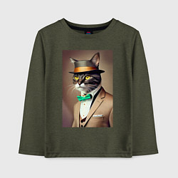 Лонгслив хлопковый детский Портрет кота джентльмена в шляпе, цвет: меланж-хаки