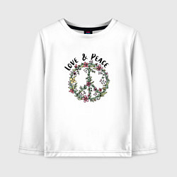 Лонгслив хлопковый детский Хиппи знак мира цветочный пастельный peace and lov, цвет: белый