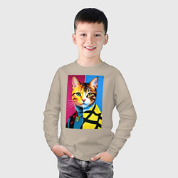 Лонгслив хлопковый детский Портрет модного кота - поп-арт, цвет: миндальный — фото 2