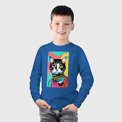 Лонгслив хлопковый детский Pop art cat - neural network, цвет: синий — фото 2