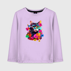 Лонгслив хлопковый детский Котик в цветах - нейросеть, цвет: лаванда
