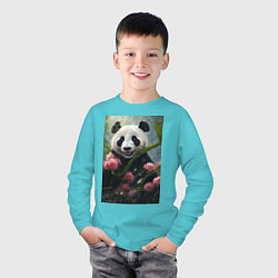 Лонгслив хлопковый детский Панда в цветах под дождём - нейросеть, цвет: бирюзовый — фото 2