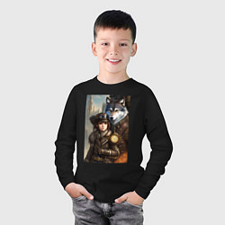 Лонгслив хлопковый детский Крутая девчонка под защитой волка - стимпанк - ней, цвет: черный — фото 2