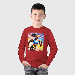 Лонгслив хлопковый детский Девушка спринтер, цвет: красный — фото 2