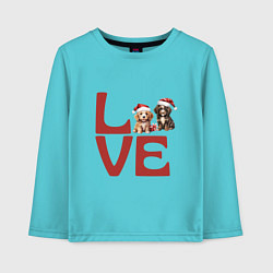 Лонгслив хлопковый детский Собаки в новогодних колпаках - любовь, цвет: бирюзовый