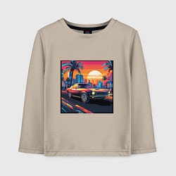 Лонгслив хлопковый детский Ретро машина и футуристический город на закате, цвет: миндальный