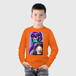 Лонгслив хлопковый детский Кульная деваха - киберпанк - нейросеть, цвет: оранжевый — фото 2