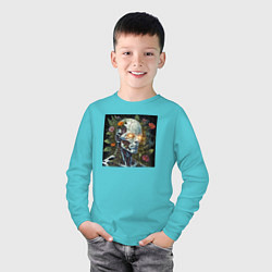 Лонгслив хлопковый детский Киборг с треснувшей головой и растениями, цвет: бирюзовый — фото 2
