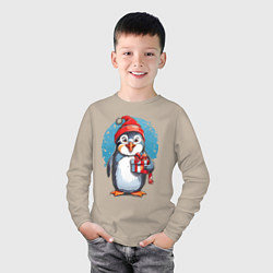 Лонгслив хлопковый детский Пингвин с новогодним подарком, цвет: миндальный — фото 2