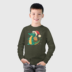 Лонгслив хлопковый детский Милый дракончик в новогодней шапке, цвет: меланж-хаки — фото 2