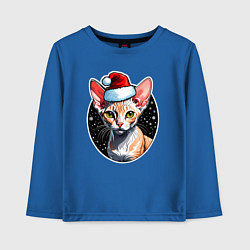 Лонгслив хлопковый детский Кот породы Девон-рекс в новогодней шапке, цвет: синий