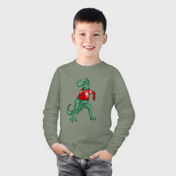 Лонгслив хлопковый детский Динозавр в новогоднем свитере, цвет: авокадо — фото 2