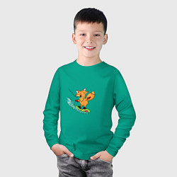 Лонгслив хлопковый детский Лиса на сноуборде, цвет: зеленый — фото 2