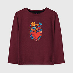 Лонгслив хлопковый детский Сердце среди цветов, цвет: меланж-бордовый