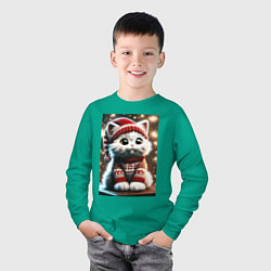 Лонгслив хлопковый детский Котик в новогоднем свитере, цвет: зеленый — фото 2