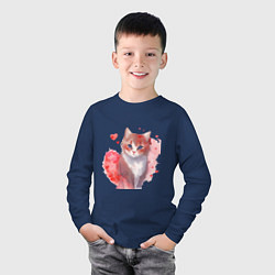 Лонгслив хлопковый детский Кошка в красных сердечках, цвет: тёмно-синий — фото 2