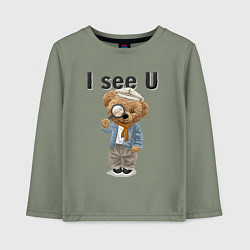 Лонгслив хлопковый детский Плюшевый медведь с лупой, цвет: авокадо