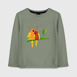 Лонгслив хлопковый детский Пара влюбленных попугаев на ветке, цвет: авокадо