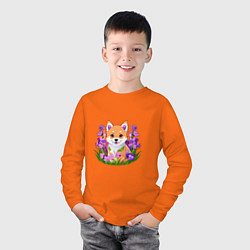 Лонгслив хлопковый детский Щенок Сибу-ину среди сиреневых цветов, цвет: оранжевый — фото 2