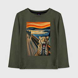 Лонгслив хлопковый детский Леопард кричит - мем картина от нейросети, цвет: меланж-хаки