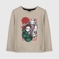 Лонгслив хлопковый детский Клинок рассекающий демонов Незуко и Тандзиро цвето, цвет: миндальный