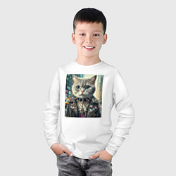 Лонгслив хлопковый детский Прикольный котик фанат тяжёлого рока - нейросеть, цвет: белый — фото 2