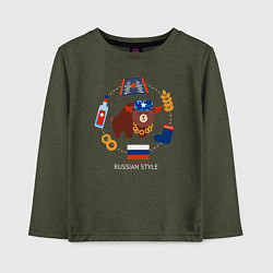 Лонгслив хлопковый детский Стереотипы о России с флагом, цвет: меланж-хаки