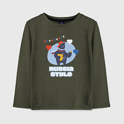 Лонгслив хлопковый детский Русский медведь с балалайкой и флагом, цвет: меланж-хаки