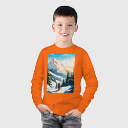 Лонгслив хлопковый детский Лыжник в горах, цвет: оранжевый — фото 2