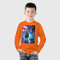 Лонгслив хлопковый детский Барт Симпсон гуляет с роботом котом в ночном город, цвет: оранжевый — фото 2