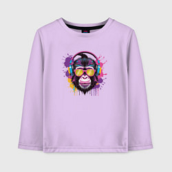Лонгслив хлопковый детский Обезьяна в очках слушает музыку, цвет: лаванда