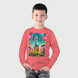 Лонгслив хлопковый детский Morty and Rick on a neon planet, цвет: коралловый — фото 2