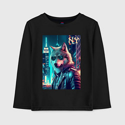 Лонгслив хлопковый детский Крутой волчара в ночном Нью-Йорке - нейроарт, цвет: черный