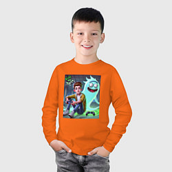 Лонгслив хлопковый детский Морти и призрак Рика Санчеса - нейроарт фантазия, цвет: оранжевый — фото 2