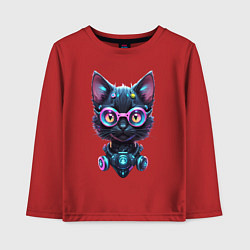 Лонгслив хлопковый детский Прикольный котёнок - киберпанк, цвет: красный