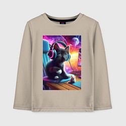 Лонгслив хлопковый детский Котёнок в наушниках и мышка, цвет: миндальный