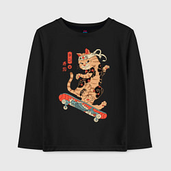 Лонгслив хлопковый детский Кот самурай - скейтбордист, цвет: черный