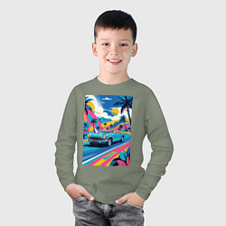 Лонгслив хлопковый детский Кабриолет едет по тропическому острову, цвет: авокадо — фото 2