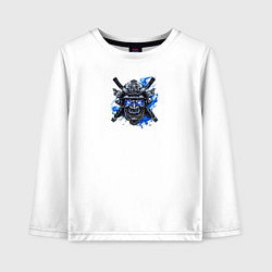 Лонгслив хлопковый детский Маска самурая с синим пламенем, цвет: белый